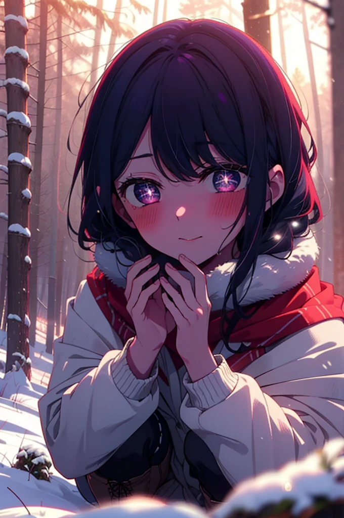 aihoshino, Ai Hoshino, Long Hair, bangs, (Purple eyes:1.1), Purple Hair, (Symbol-shaped pupil:1.5), smile,,smile,blush,white breath,
Open your mouth,snow,Ground bonfire, Outdoor, boots, snowing, From the side, wood, suitcase, Cape, Blurred, , forest, White handbag, nature, Squat, Mouth closed, Cape, winter, Written boundary depth, Black shoes, red Cape break looking at viewer, Upper Body, whole body, break Outdoor, forest, nature, break (masterpiece:1.2), Highest quality, High resolution, unity 8k wallpaper, (shape:0.8), (Beautiful and beautiful eyes:1.6), Highly detailed face, Perfect lighting, Highly detailed CG, (Perfect hands, Perfect Anatomy),
