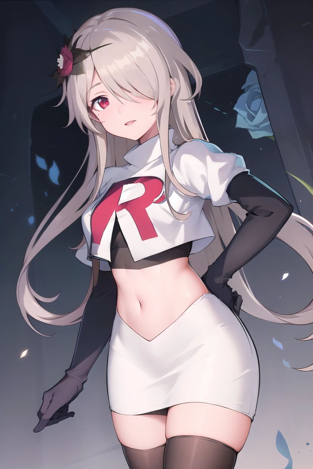 rita rossweisse, brown hair, long hair, hair over one eye, eyes visible through hair, hair flower, blue rose, red eyes, swept bangs, mole under eye, team rocket,team rocket uniform,white skirt,red letter R,crop top,black thigh-highs,black elbow gloves