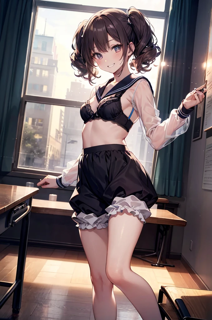 (masterpiece), 4K,woman,Long sleeve sailor suit,Small breasts,Small Ass,Curly Twin Tails,Light bulb lighting,Realistic, skinny, Grin,See-through bra,((,Knee-length bloomers)),Stand in the classroom,night