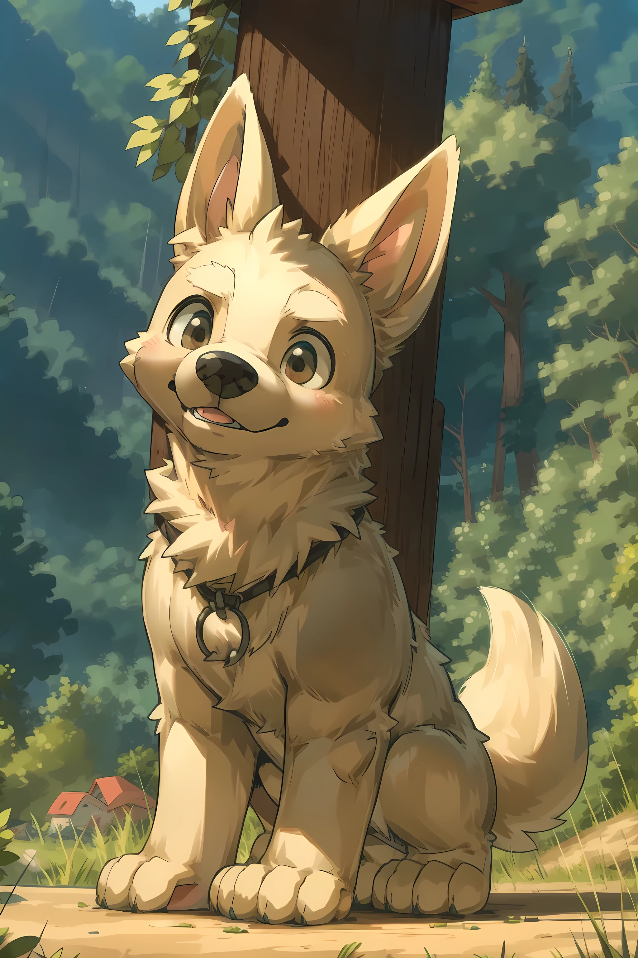 Bolt the dog,masterpiece high quality,forest,The perfect background,cute face