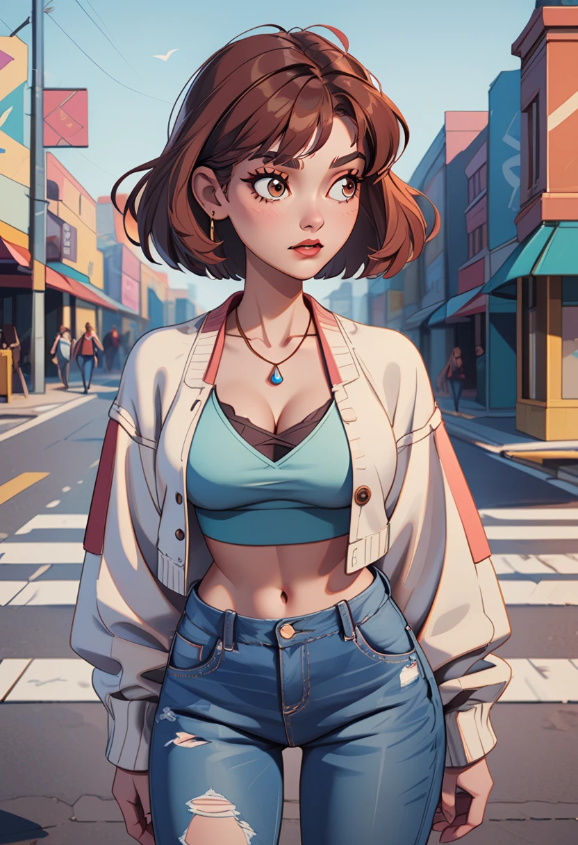 th3t4styl3, 1girl, pants, solo, jeans, denim, outdoors, jewelry, breasts, navel, brown hair, midriff, necklace, white cardigan, torn clothes, street, road, torn pants, looking to the side, crop top, brown eyes, open clothes, cardigan, short hair, thick eyebrows, medium breasts, cleavage, jacket, day, blue pants, shadow, white jacket, long sleeves, standing, cowboy shot, city, parted lips, torn jeans