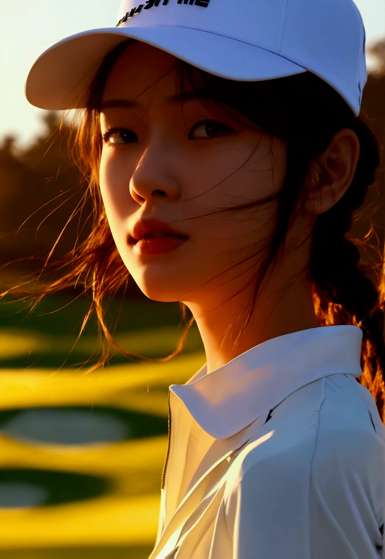 Jang Gyu-ri,1 woman, Above the waist,dynamic angle, golf course, white golf clothes, With golden accessories,Light Tracing, (wind blowing dust:1.2) in the foreground,(floating hair:1.1), hot sun,white hat,professional model, (realistic:1.4), official art, fractal art,unity 8k wallpaper, very detailed, beautiful and aesthetic,look at the viewer, masterpiece,best quality, glowing skin, cinematic lighting,Show your whole body