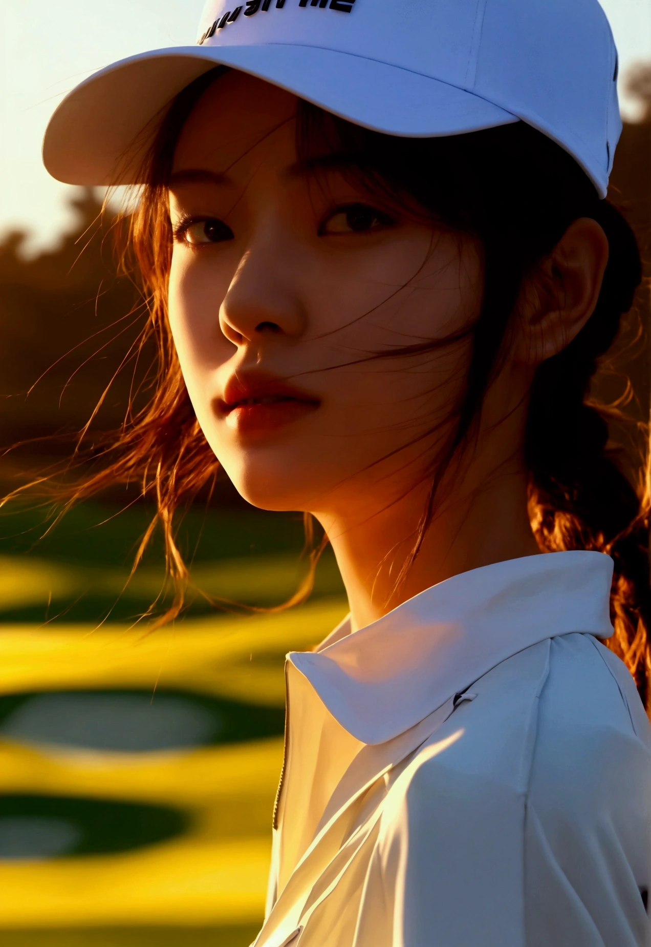 Jang Gyu-ri,1 woman, Above the waist,dynamic angle, golf course, white golf clothes, With golden accessories,Light Tracing, (wind blowing dust:1.2) in the foreground,(floating hair:1.1), hot sun,white hat,professional model, (realistic:1.4), official art, fractal art,unity 8k wallpaper, very detailed, beautiful and aesthetic,look at the viewer, masterpiece,best quality, glowing skin, cinematic lighting,Show your whole body