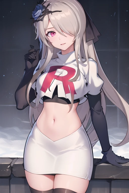 rita rossweisse, brown hair, long hair, hair over one eye, eyes visible through hair, hair flower, blue rose, red eyes, swept bangs, mole under eye, team rocket,team rocket uniform,white skirt,red letter R,crop top,black thigh-highs,black elbow gloves