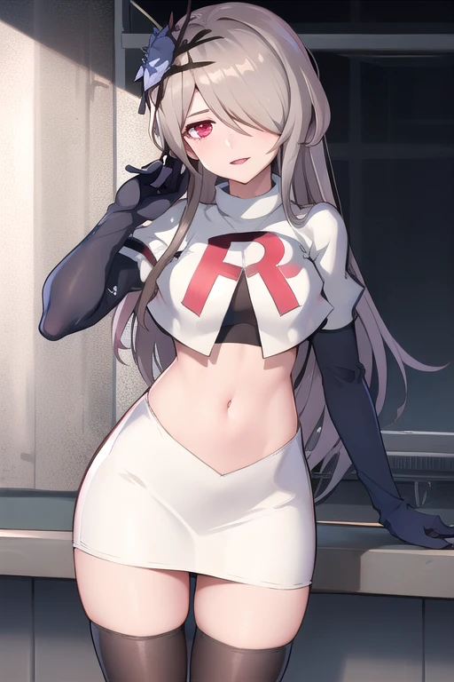 rita rossweisse, brown hair, long hair, hair over one eye, eyes visible through hair, hair flower, blue rose, red eyes, swept bangs, mole under eye, team rocket,team rocket uniform,white skirt,red letter R,crop top,black thigh-highs,black elbow gloves