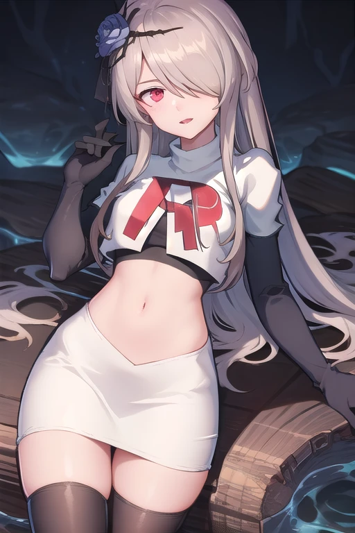 rita rossweisse, brown hair, long hair, hair over one eye, eyes visible through hair, hair flower, blue rose, red eyes, swept bangs, mole under eye, team rocket,team rocket uniform,white skirt,red letter R,crop top,black thigh-highs,black elbow gloves