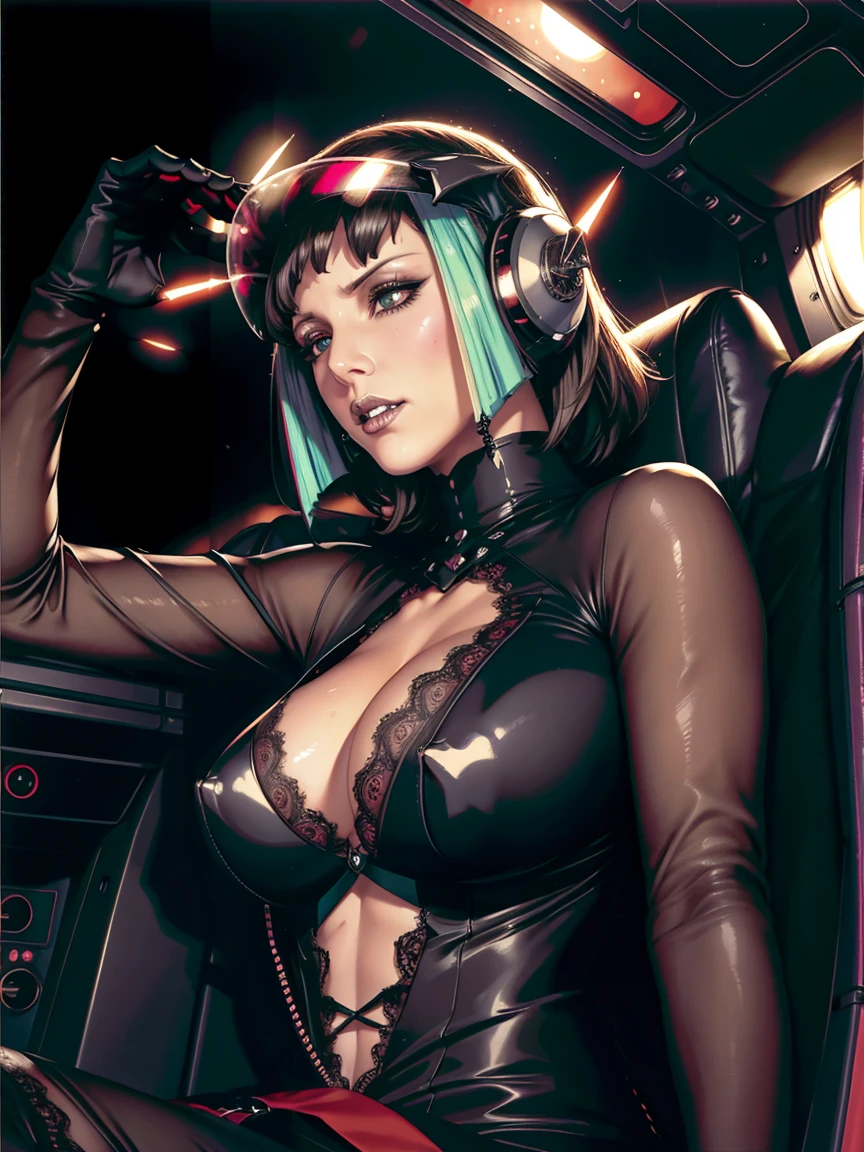 (((gothic vampire piloting) in gothic spacecraft)), (((retro anime))), ((from below)), ((120 fov)), ((((gothic)) control panels)), (((mature))), (((gothic))), (iridescent) bodysuit, ((((lace accessories)))), ((pilot seat)), ((((lying back)) pose)), (((elegant))), (((serious tone))), ((cockpit top control panel)), intricate control panel details, close-up, 1990s (style), masterpiece, ((claustrophobic)), best quality, screens, ((pilot helmet)), night, ((low key light)), (colorful cockpit lights), sparkles, (dramatic lighting), sweat, [blushing], [[pointy ears]], (realistic), (dark background)