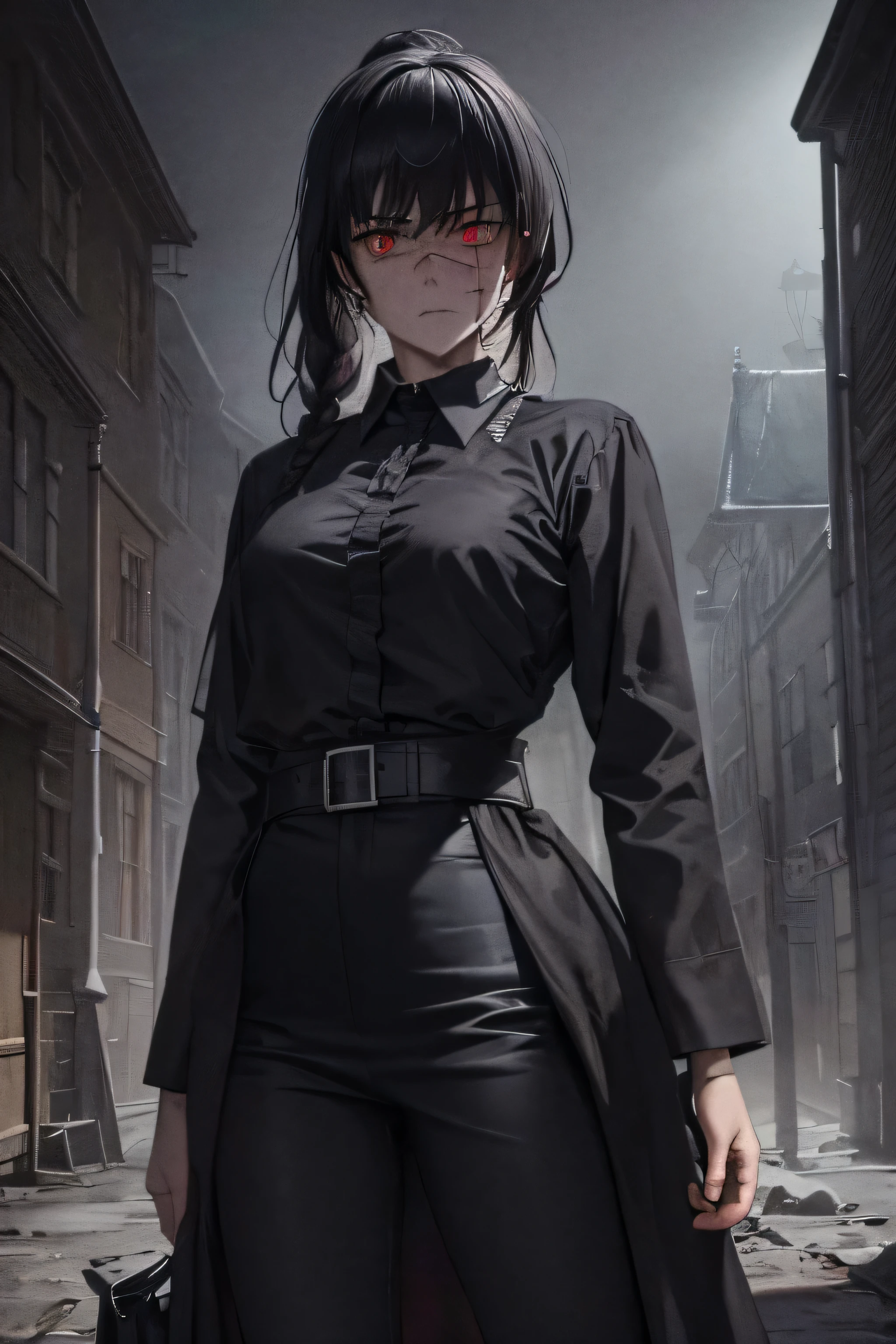 (Yoru Chainsaw Man), (work of art:1.2), best qualityer, work of art, high resolution, 8k, photorrealistic, original, extremely detailed wallpaper, (ultra detali), (best illustration), (best shade), 1 girl, (trunk:1.4), you, standing, braided ponytail, surrounded eyes, collar shirt, black necktie, black pants, black overcoat, hand in overcoat pocket, blood spots, blood on shirt, blood in The face, unexpressive, walking towards the viewer, ((natta, dark atmospher, dark theme, spooky ambiance, darkness:1.5)), glare eyes, smoke, looking ahead at viewer, narrow alley, metal bars, blood on the ground, blood on the walls