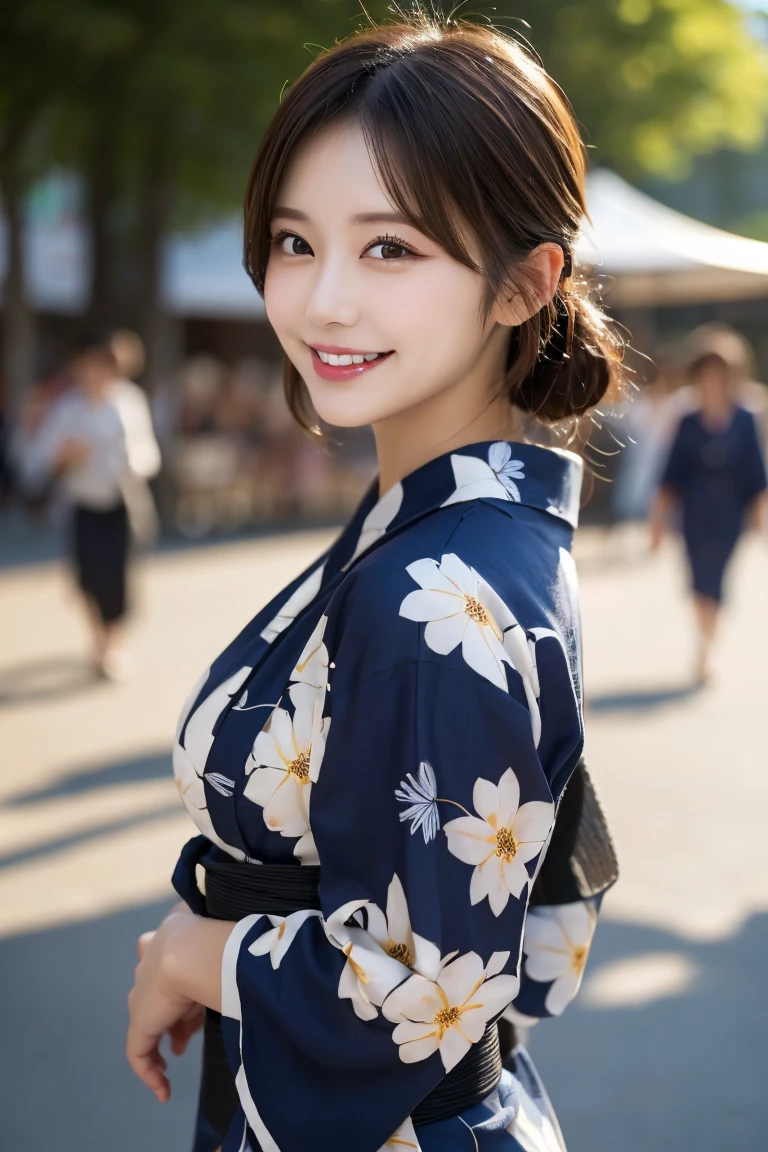 Summer festival, Highest quality, shape, Very detailed, In detail, High resolution, 8k wallpaper, Perfect dynamic composition, Beautiful details, Natural Lip, Colorful yukata, Big Breasts, , She is smiling in a cute pose.., A masterpiece of the whole body, Side Short