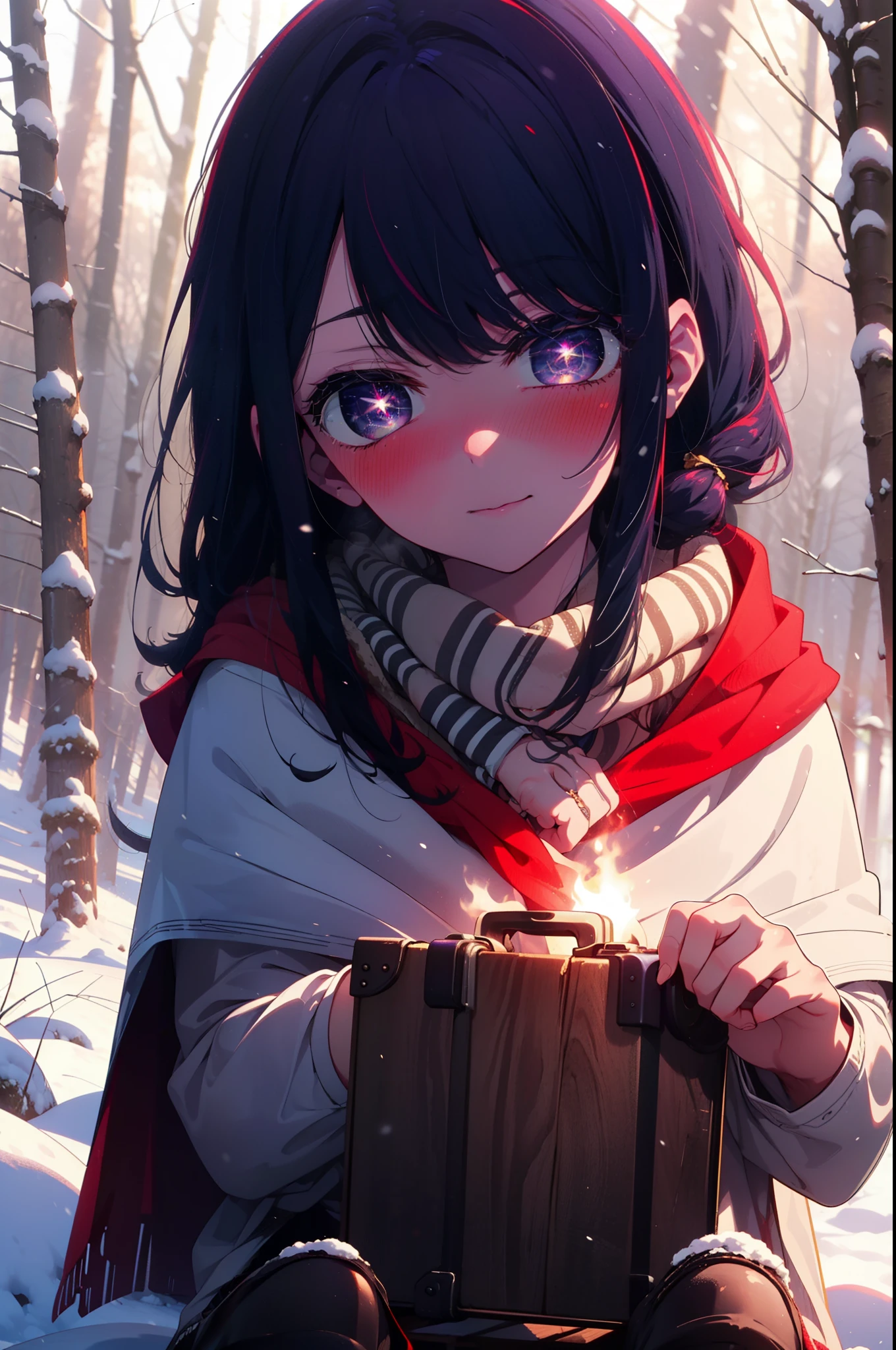 aihoshino, Ai Hoshino, Long Hair, bangs, (Purple eyes:1.1), Purple Hair, (Symbol-shaped pupil:1.5), smile,,smile,blush,white breath,
Open your mouth,snow,Ground bonfire, Outdoor, boots, snowing, From the side, wood, suitcase, Cape, Blurred, , forest, White handbag, nature, Squat, Mouth closed, Cape, winter, Written boundary depth, Black shoes, red Cape break looking at viewer, Upper Body, whole body, break Outdoor, forest, nature, break (masterpiece:1.2), Highest quality, High resolution, unity 8k wallpaper, (shape:0.8), (Beautiful and beautiful eyes:1.6), Highly detailed face, Perfect lighting, Highly detailed CG, (Perfect hands, Perfect Anatomy),