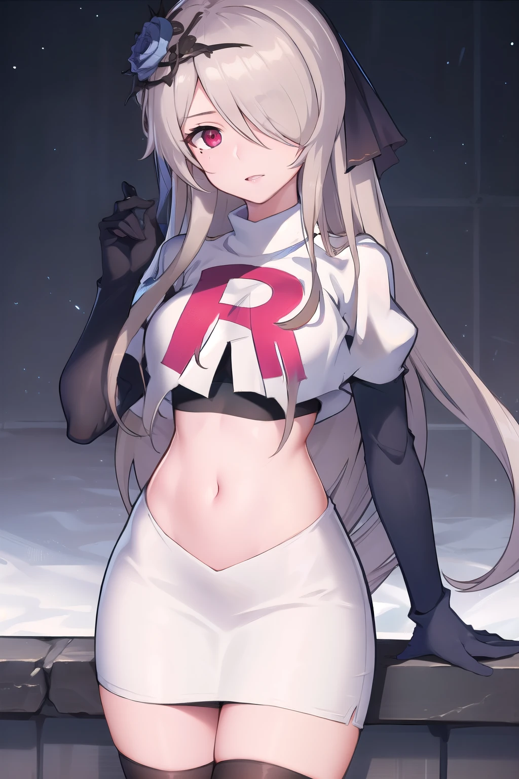rita rossweisse, brown hair, long hair, hair over one eye, eyes visible through hair, hair flower, blue rose, red eyes, swept bangs, mole under eye, team rocket,team rocket uniform,white skirt,red letter R,crop top,black thigh-highs,black elbow gloves