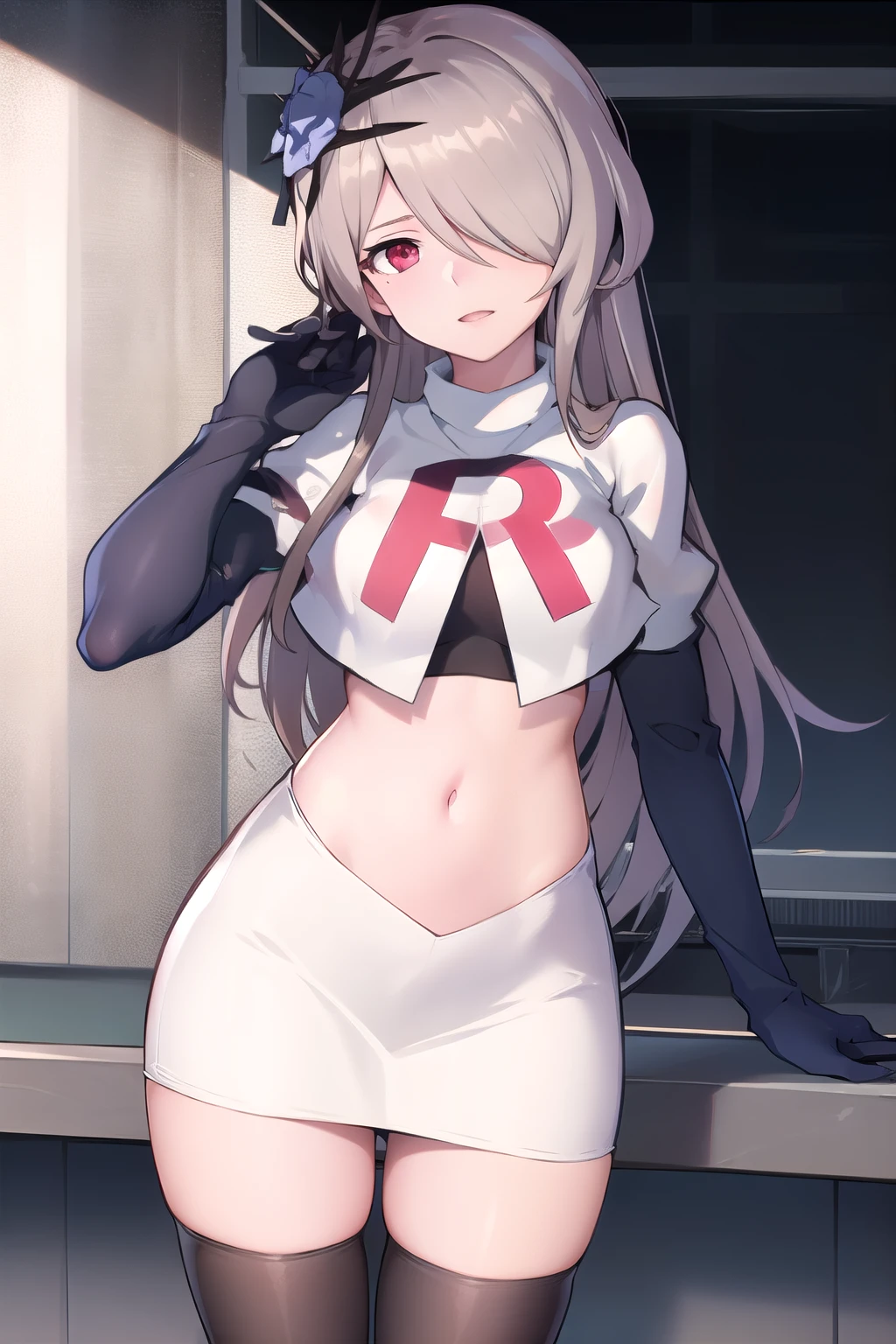 rita rossweisse, brown hair, long hair, hair over one eye, eyes visible through hair, hair flower, blue rose, red eyes, swept bangs, mole under eye, team rocket,team rocket uniform,white skirt,red letter R,crop top,black thigh-highs,black elbow gloves