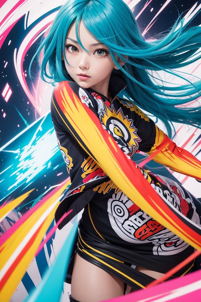 Create a vibrant print of a manga character. The print must be colorful, detailed and dynamic, capturing an action scene or an iconic character pose. The character must be from a popular manga, with stylized and expressive strokes, typical of the genre. The pattern must be suitable for printing on the front of a shirt, with an attractive and engaging design for anime and manga fans