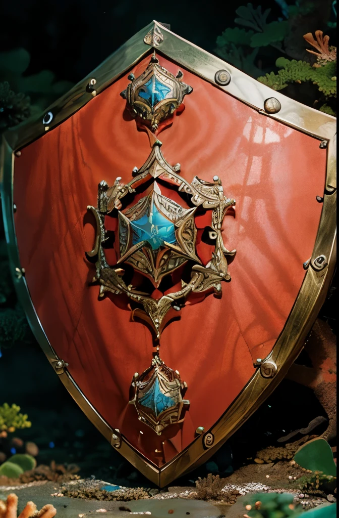 a close up of an beautiful coral shield , coral shield, reef shield, magic shield, ornate dramatic magic shieldl exquisite ornate shield,