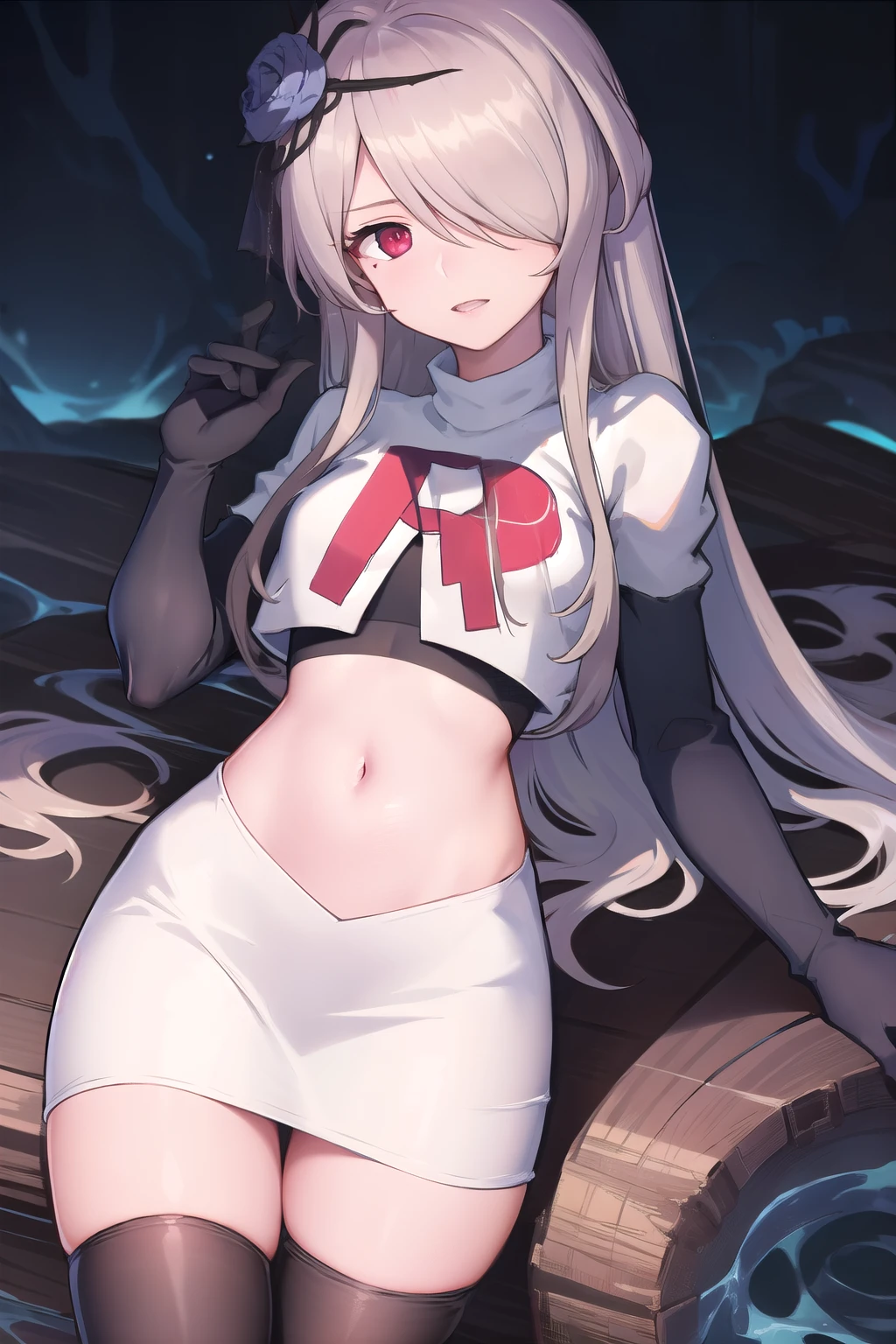 rita rossweisse, brown hair, long hair, hair over one eye, eyes visible through hair, hair flower, blue rose, red eyes, swept bangs, mole under eye, team rocket,team rocket uniform,white skirt,red letter R,crop top,black thigh-highs,black elbow gloves