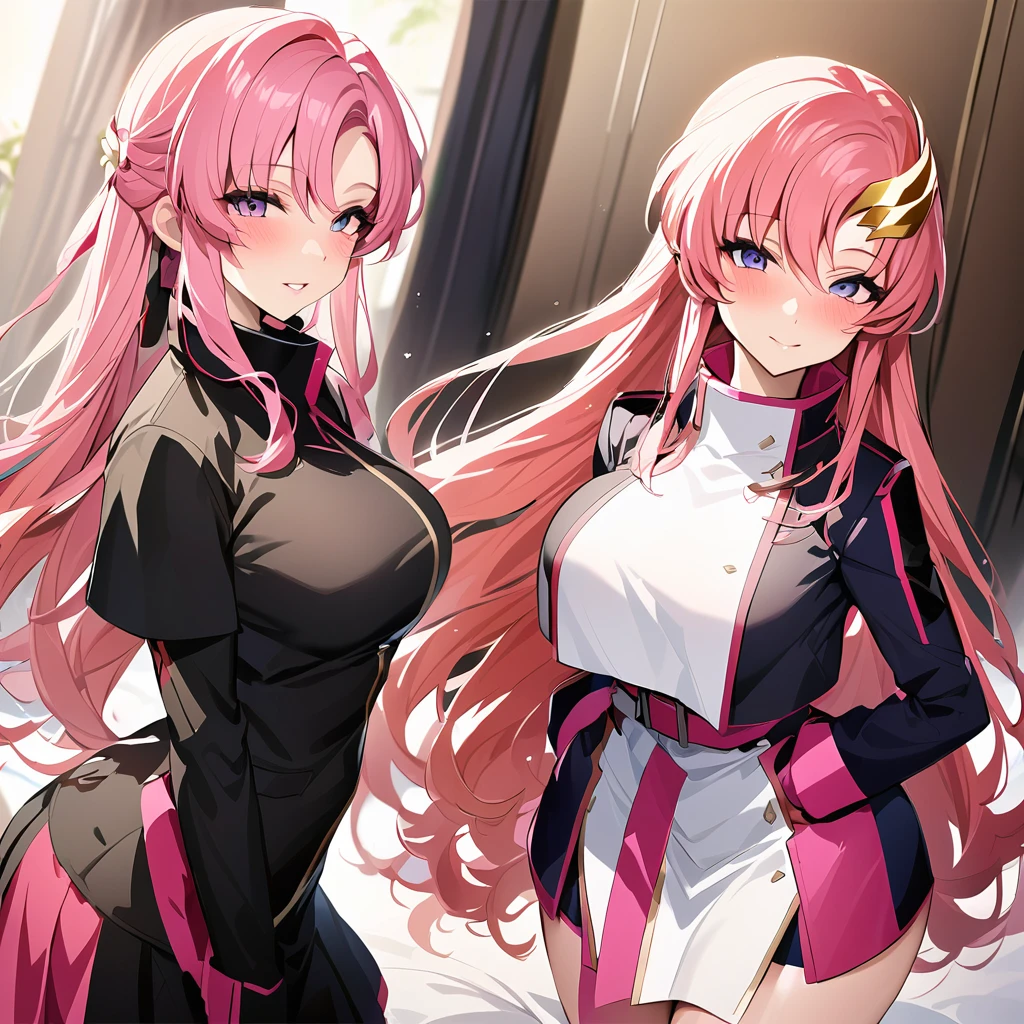 ((Highest quality)), ((masterpiece)), (detailed), (Perfect Face)、The woman is Lacus Clyne, a member of the Foundation and wife of Orpheus, King of the Accord, wearing the Black Knights Code uniform, an engagement ring, beautifully decorated accessories, and a gorgeous hair ornament. She has medium-long pink hair.、Beloved wife of Orpheus, King of Accord