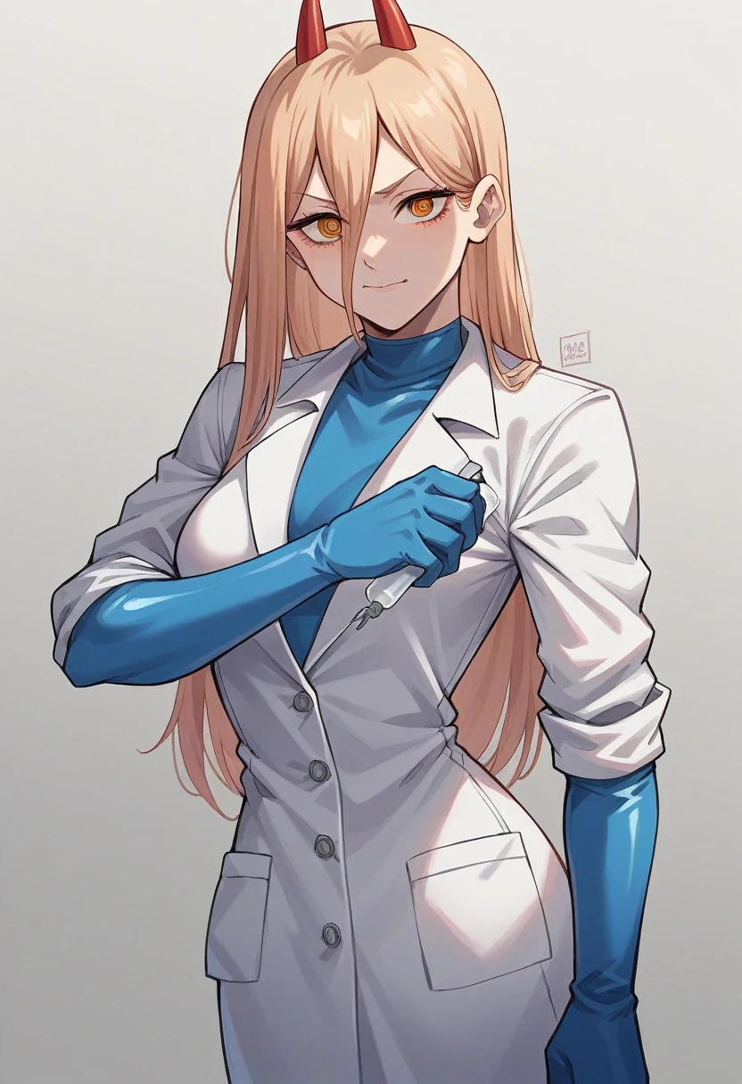 1girl, power \(chainsaw man\), ((blue elbow gloves)), ((surgical gloves)), ((latex gloves)), ((long sleeves)), looking at viewer, ((white doctor outfit)), long doctor coat, standing, solo
