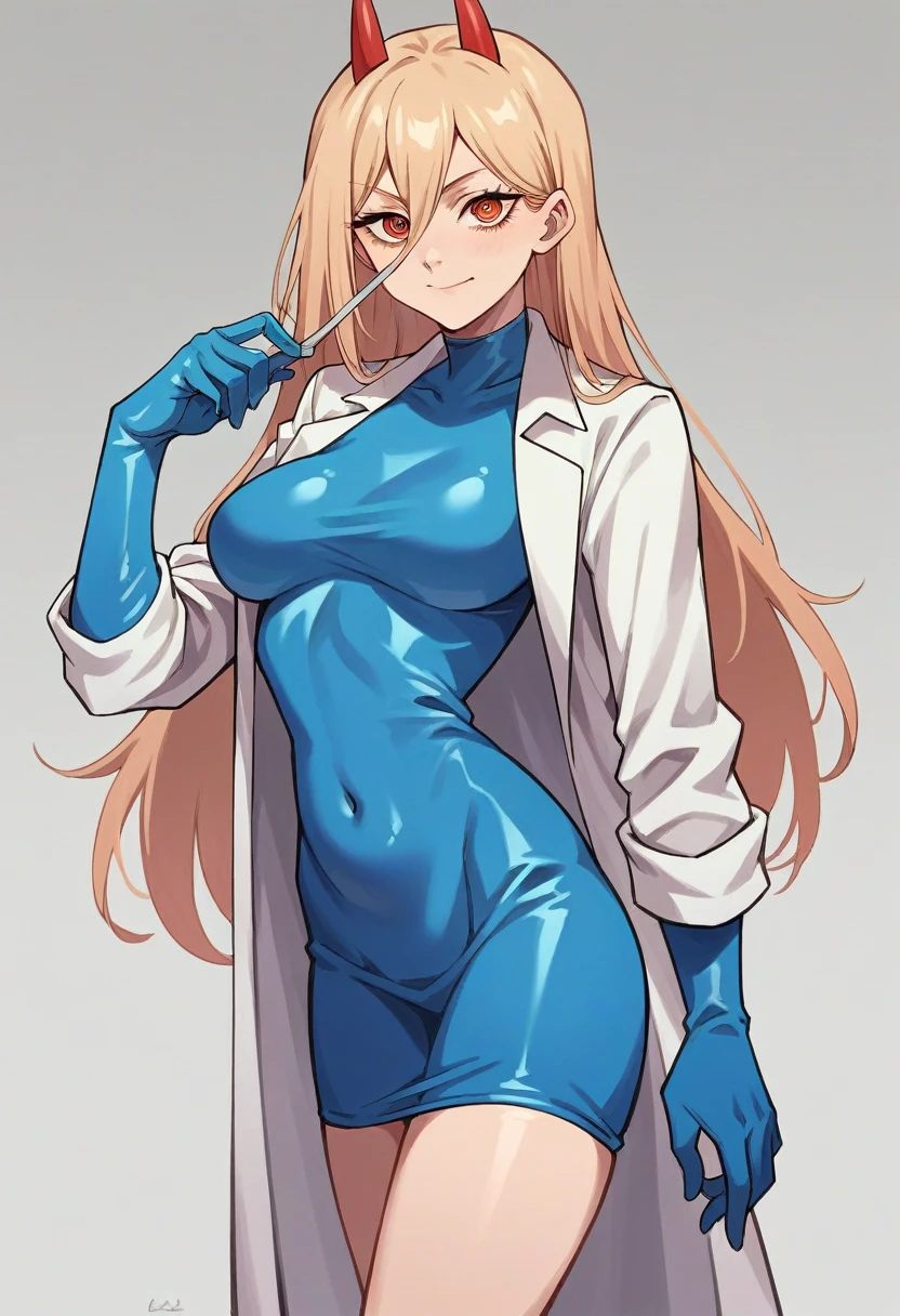 1girl, power \(chainsaw man\), ((blue elbow gloves)), ((surgical gloves)), ((latex gloves)), ((long sleeves)), looking at viewer, ((white doctor outfit)), long doctor coat, standing, solo