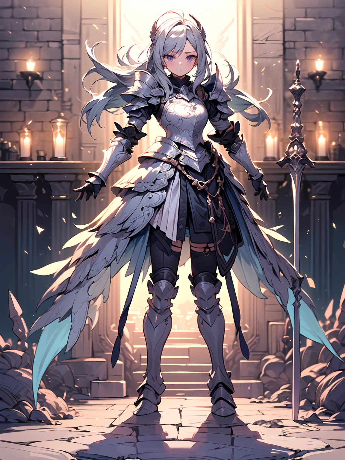 (((masterpiece, best quality, high detailed, 8k))) Design a layout showcase Gaming character, (1girl). Purple+Silver armor, stylish and unique. ((showcase weapon:1.4)), magical orb. (masterpiece:1.2), (best quality), 4k, ultra-detailed. (Step by step design, layout art:1.5), (luminous lighting, atmospheric lighting). sorceress, ((glove full hands)), (((revealing armor:1.3))), vambraces, armored legwear, (((full_body_shot:1.4))). {In an enchanted castle}.