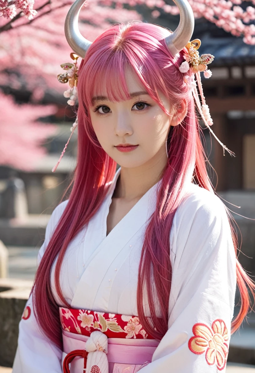 beautiful girl, Long Hair, Pink Hair、For decoration2horns、Shrine maiden appearance、