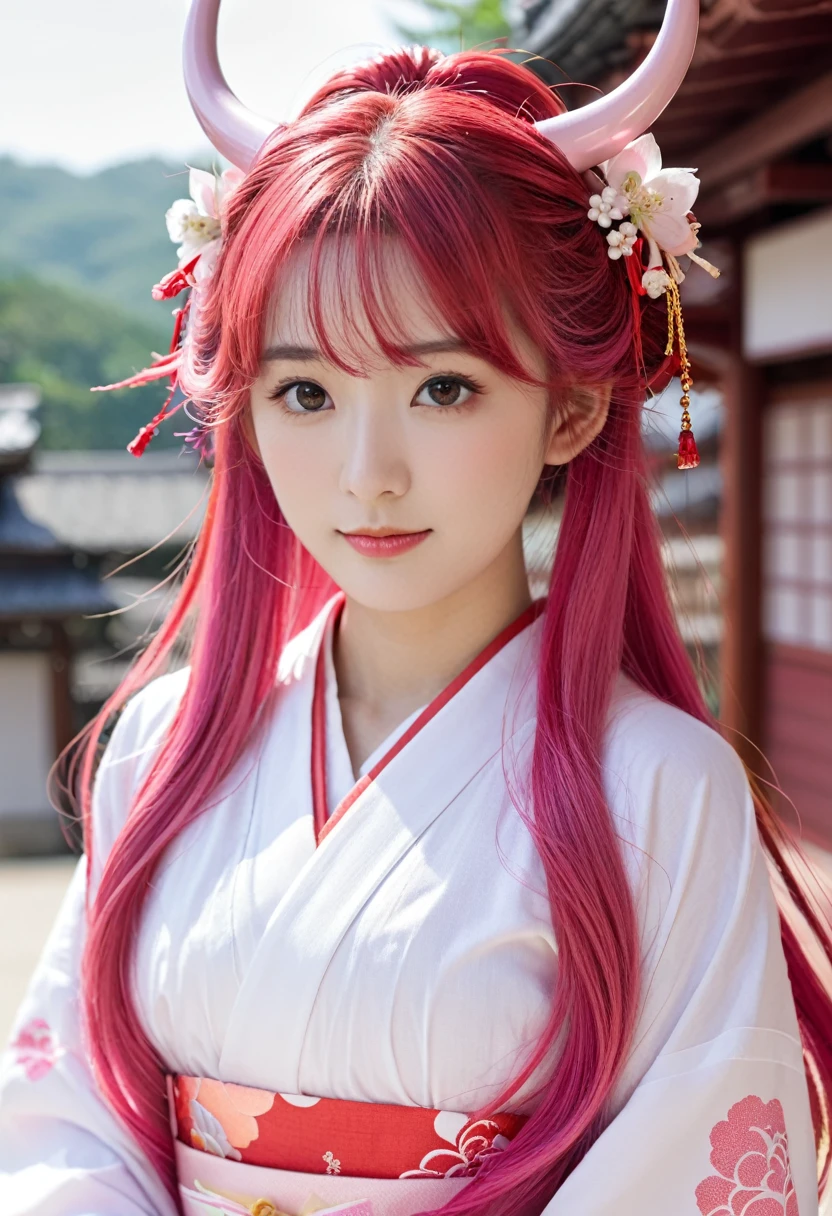 beautiful girl, Long Hair, Pink Hair、For decoration2horns、Shrine maiden appearance、