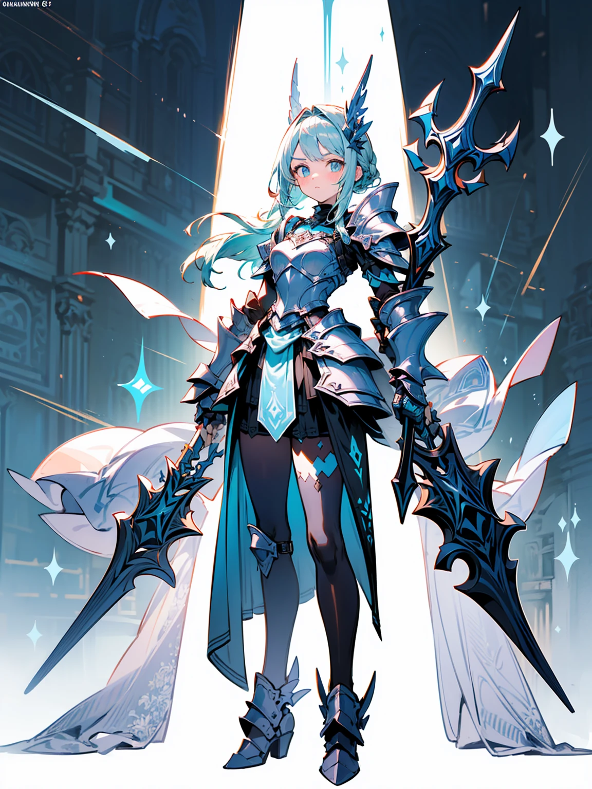 (((masterpiece, best quality, high detailed, 8k))) Design a layout showcase Gaming character, (1girl). Purple+Silver armor, stylish and unique. ((showcase weapon:1.4)), magical orb. (masterpiece:1.2), (best quality), 4k, ultra-detailed. (Step by step design, layout art:1.5), (luminous lighting, atmospheric lighting). sorceress, ((glove full hands)), (((revealing armor:1.3))), vambraces, armored legwear, (((full_body_shot:1.4))). {In an enchanted castle}.