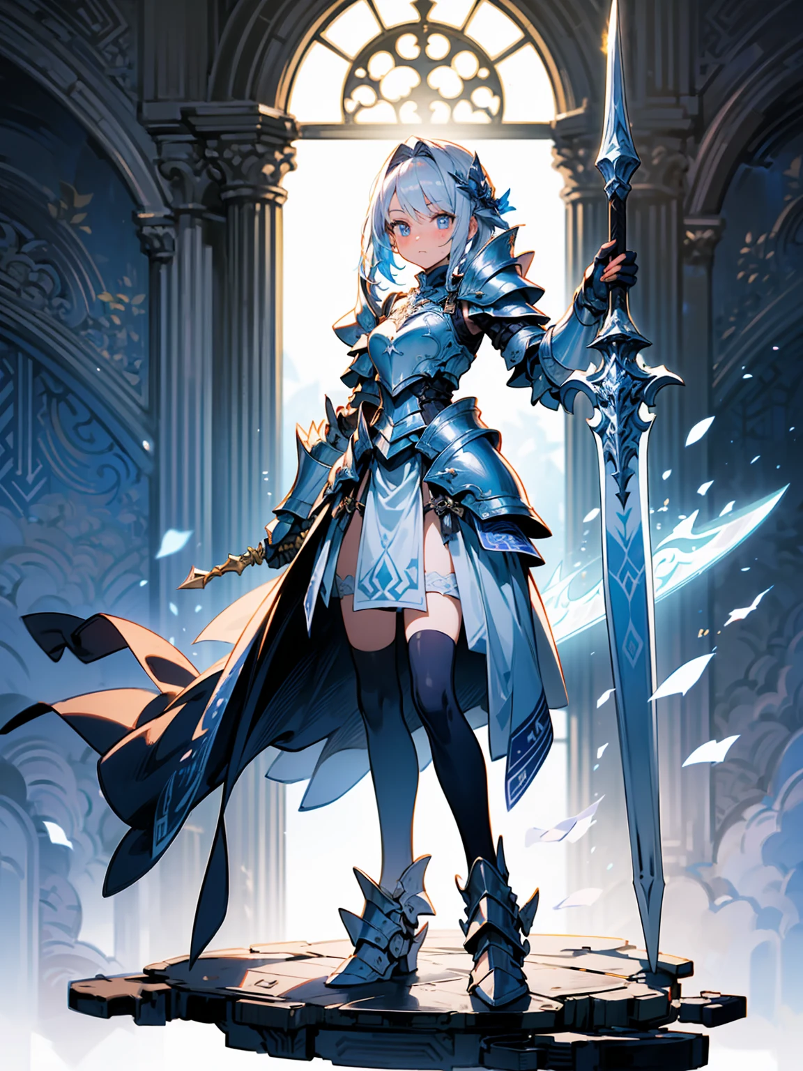 (((masterpiece, best quality, high detailed, 8k))) Design a layout showcase Gaming character, (1girl). Purple+Silver armor, stylish and unique. ((showcase weapon:1.4)), magical orb. (masterpiece:1.2), (best quality), 4k, ultra-detailed. (Step by step design, layout art:1.5), (luminous lighting, atmospheric lighting). sorceress, ((glove full hands)), (((revealing armor:1.3))), vambraces, armored legwear, (((full_body_shot:1.4))). {In an enchanted castle}.