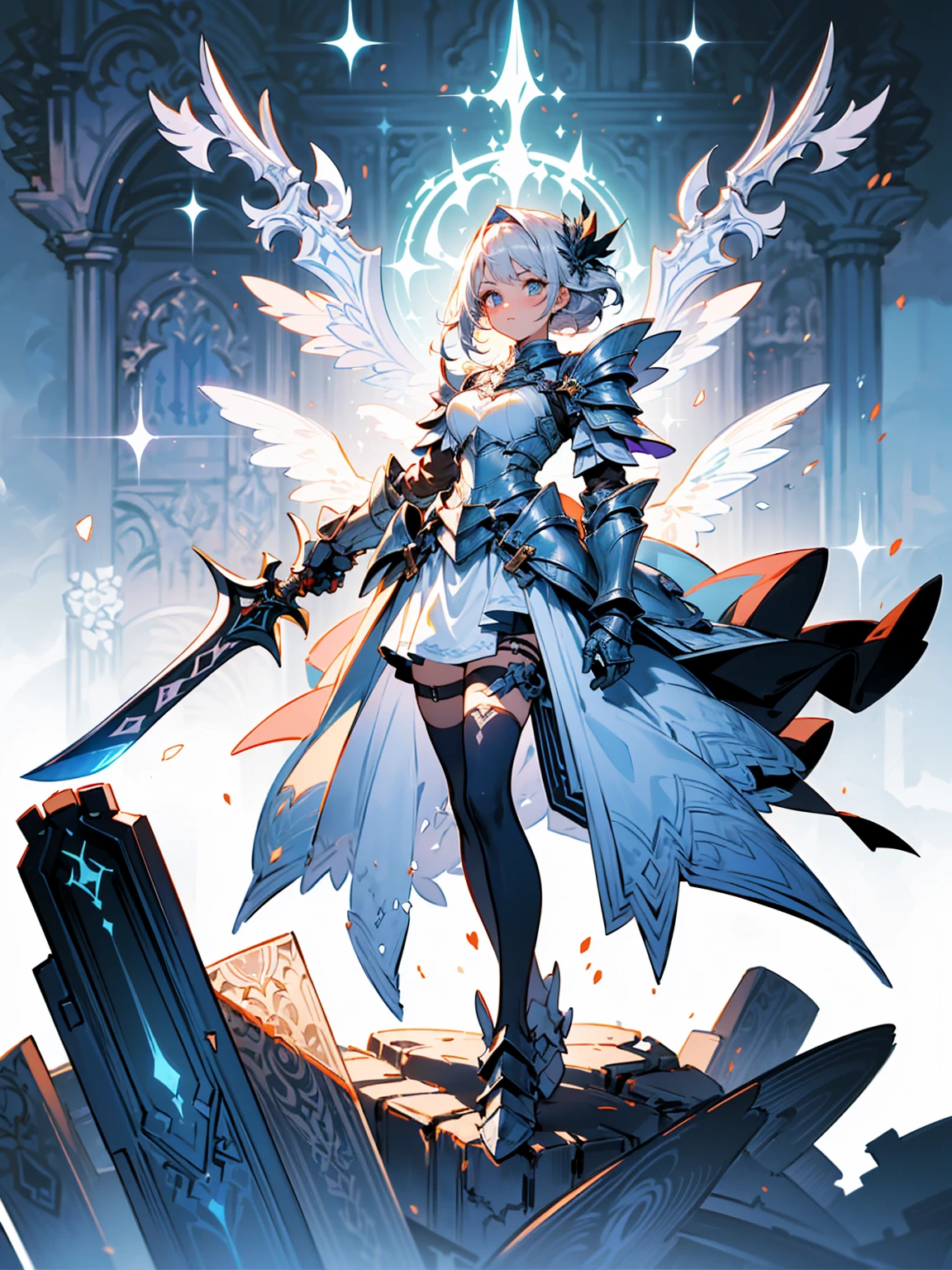 (((masterpiece, best quality, high detailed, 8k))) Design a layout showcase Gaming character, (1girl). Purple+Silver armor, stylish and unique. ((showcase weapon:1.4)), magical orb. (masterpiece:1.2), (best quality), 4k, ultra-detailed. (Step by step design, layout art:1.5), (luminous lighting, atmospheric lighting). sorceress, ((glove full hands)), (((revealing armor:1.3))), vambraces, armored legwear, (((full_body_shot:1.4))). {In an enchanted castle}.