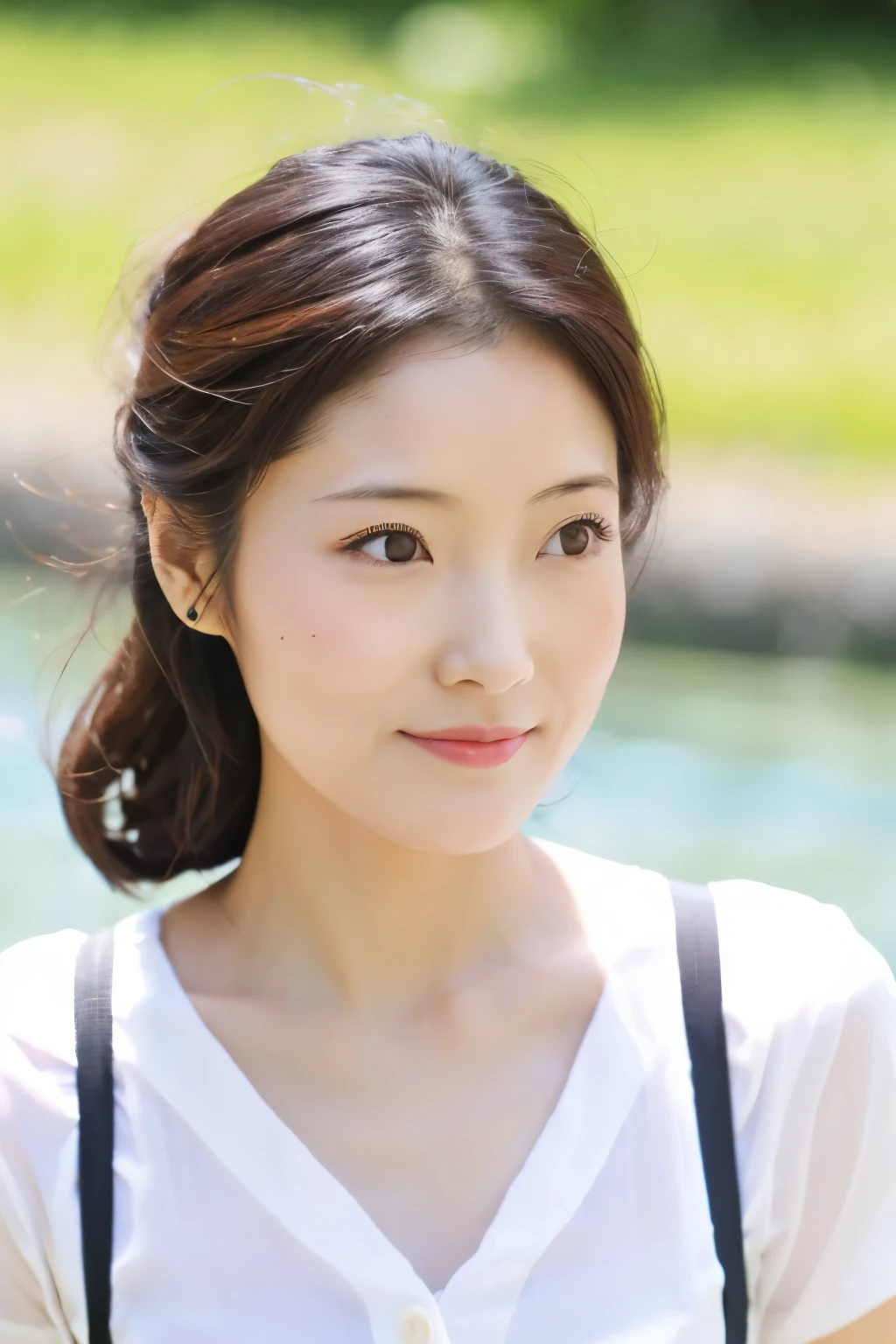 Skinny Japanese 40s woman, good wife, cute face, detailed face, detailed eyes, neat and clean, short-sleeve white shirt, walking along river, early summer, fine weather, clear sky, green fields, portrait