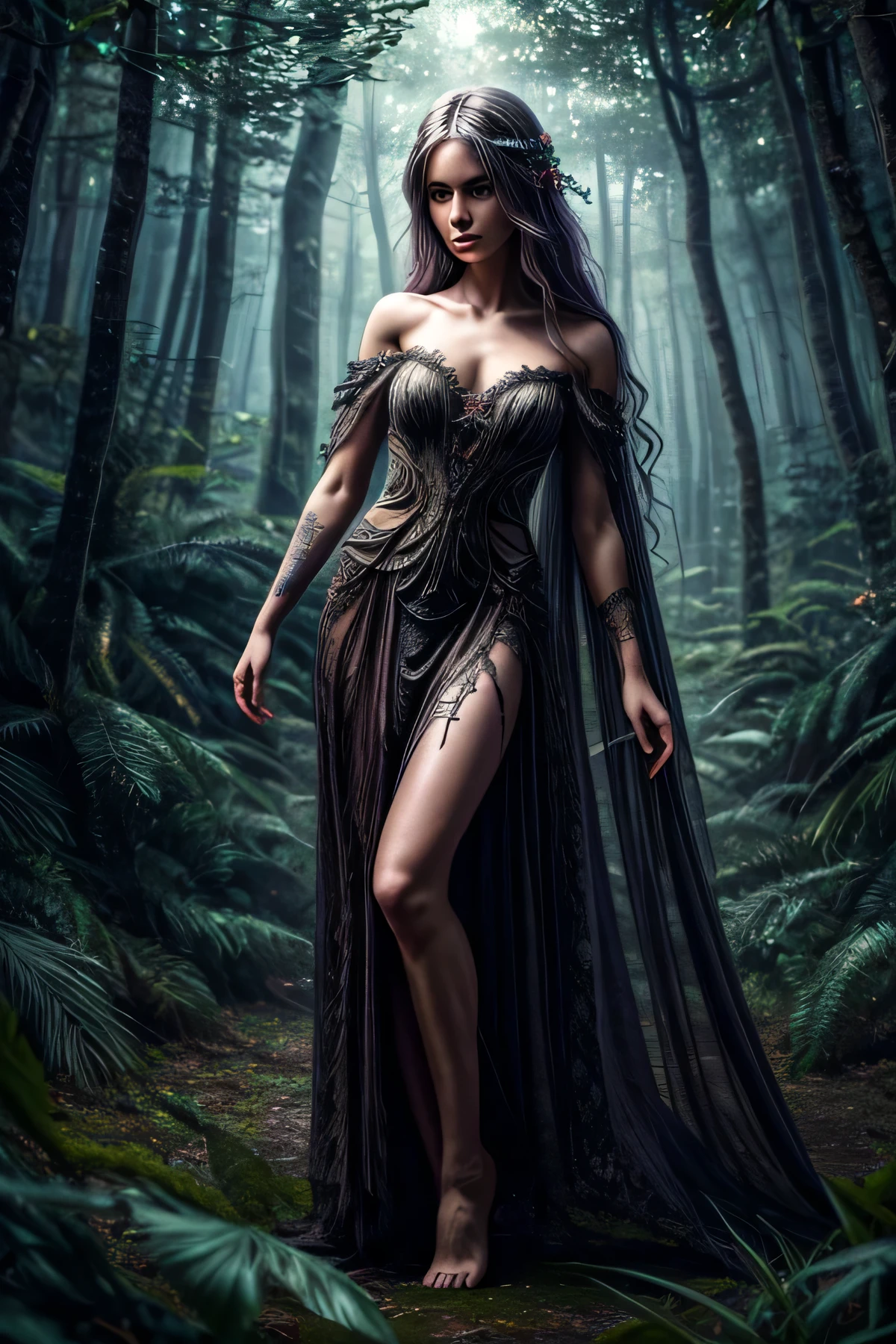 Ultra detailed digital painting, whimsical scary mystical faerie full body pose hiding in the shadows, large realistic eyes, infinity, beautiful face, disheveled long hair, ultra detailed tattoo on her shoulder, intricate edgy dress, ultra realistic body proportions, raytracing reflections, ultra detailed fairy forest background, masterpiece art 1.2