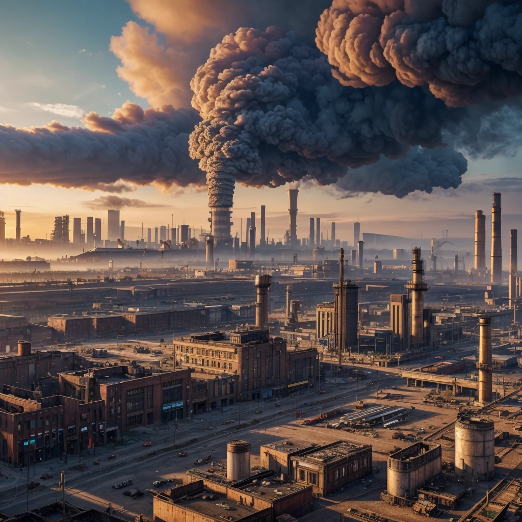 Panoramic image of an industrial steampunk city, in it, pollution, carbon, exolosions, vapor, ((high quality)) ((4k)) ((8k)) ((Hyperrealism)) ((masterpiece)) ((perfection))