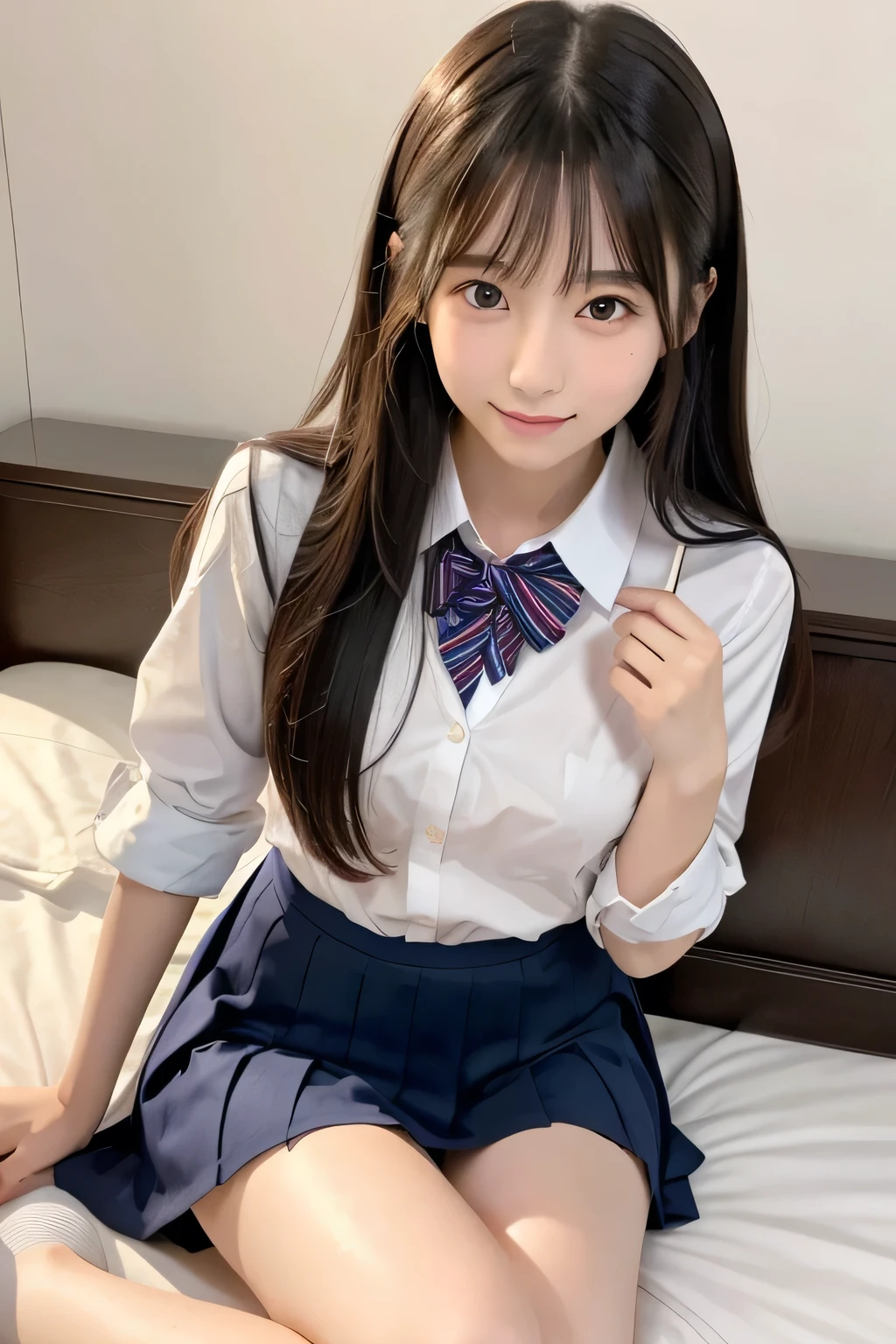 (Cute Japanese Girls), Sexy 18 year old girl, (The cutest faces), Thin chest, Thin thighs, Straight hair, On the bed, (((school uniform))),