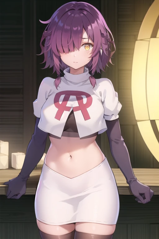 ayanofujimoto, ayano fujimoto, short hair, hair ornament, (yellow eyes:1.3), purple hair, braid, (hair over one eye:1.5),
BREAK team rocket,team rocket uniform,white skirt,red letter R,crop top,black thigh-highs,black elbow gloves,
BREAK looking at viewer,
BREAK (masterpiece:1.2), best quality, high resolution, unity 8k wallpaper, (illustration:0.8), (beautiful detailed eyes:1.6), extremely detailed face, perfect lighting, extremely detailed CG, (perfect hands, perfect anatomy),