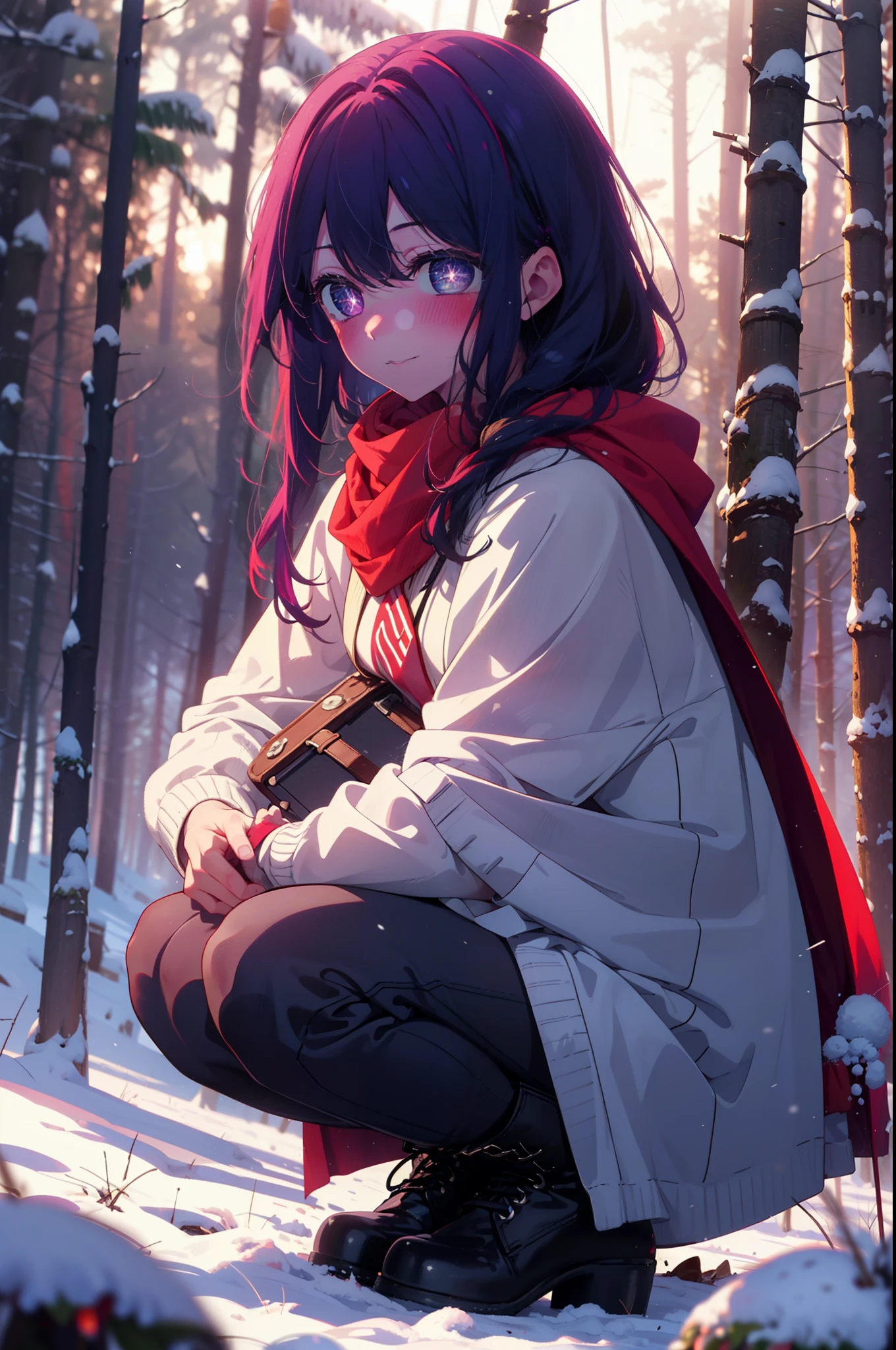 aihoshino, Ai Hoshino, Long Hair, bangs, (Purple eyes:1.1), Purple Hair, (Symbol-shaped pupil:1.5), smile,,smile,blush,white breath,
Open your mouth,snow,Ground bonfire, Outdoor, boots, snowing, From the side, wood, suitcase, Cape, Blurred, , forest, White handbag, nature, Squat, Mouth closed, Cape, winter, Written boundary depth, Black shoes, red Cape break looking at viewer, Upper Body, whole body, break Outdoor, forest, nature, break (masterpiece:1.2), Highest quality, High resolution, unity 8k wallpaper, (shape:0.8), (Beautiful and beautiful eyes:1.6), Highly detailed face, Perfect lighting, Highly detailed CG, (Perfect hands, Perfect Anatomy),