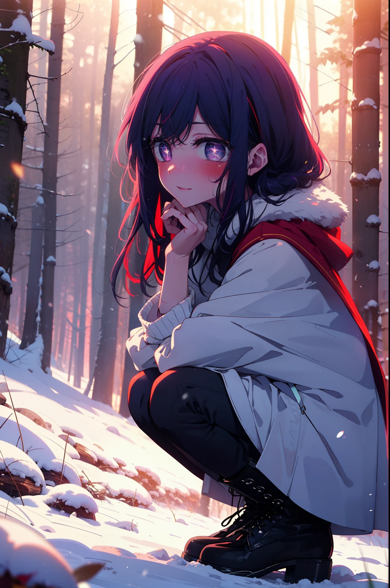aihoshino, Ai Hoshino, Long Hair, bangs, (Purple eyes:1.1), Purple Hair, (Symbol-shaped pupil:1.5), smile,,smile,blush,white breath,
Open your mouth,snow,Ground bonfire, Outdoor, boots, snowing, From the side, wood, suitcase, Cape, Blurred, , forest, White handbag, nature, Squat, Mouth closed, Cape, winter, Written boundary depth, Black shoes, red Cape break looking at viewer, Upper Body, whole body, break Outdoor, forest, nature, break (masterpiece:1.2), Highest quality, High resolution, unity 8k wallpaper, (shape:0.8), (Beautiful and beautiful eyes:1.6), Highly detailed face, Perfect lighting, Highly detailed CG, (Perfect hands, Perfect Anatomy),
