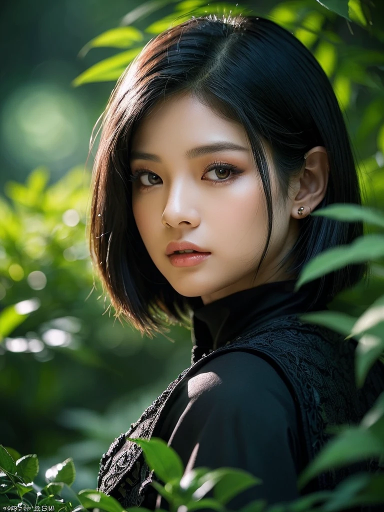 A beautiful raven-haired girl (kim Jennie from blackpink) with short hair, dressed as an, standing in a lush forest with dark colors, (1girl,elf,short hair,raven hair,dark forest,busty,fantasy,detailed face, beautiful detailed eyes,beautiful detailed lips,extremely detailed eyes and face,long eyelashes,elven,nature,lush vegetation,moody lighting,dramatic lighting, rich colors,chiaroscuro,dark fantasy,fantasy portrait,ethereal,mystical)