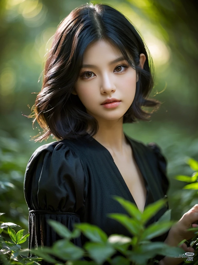 A beautiful raven-haired girl (kim Jennie from blackpink) with short hair, dressed as an, standing in a lush forest with dark colors, (1girl,elf,short hair,raven hair,dark forest,busty,fantasy,detailed face, beautiful detailed eyes,beautiful detailed lips,extremely detailed eyes and face,long eyelashes,elven,nature,lush vegetation,moody lighting,dramatic lighting, rich colors,chiaroscuro,dark fantasy,fantasy portrait,ethereal,mystical)