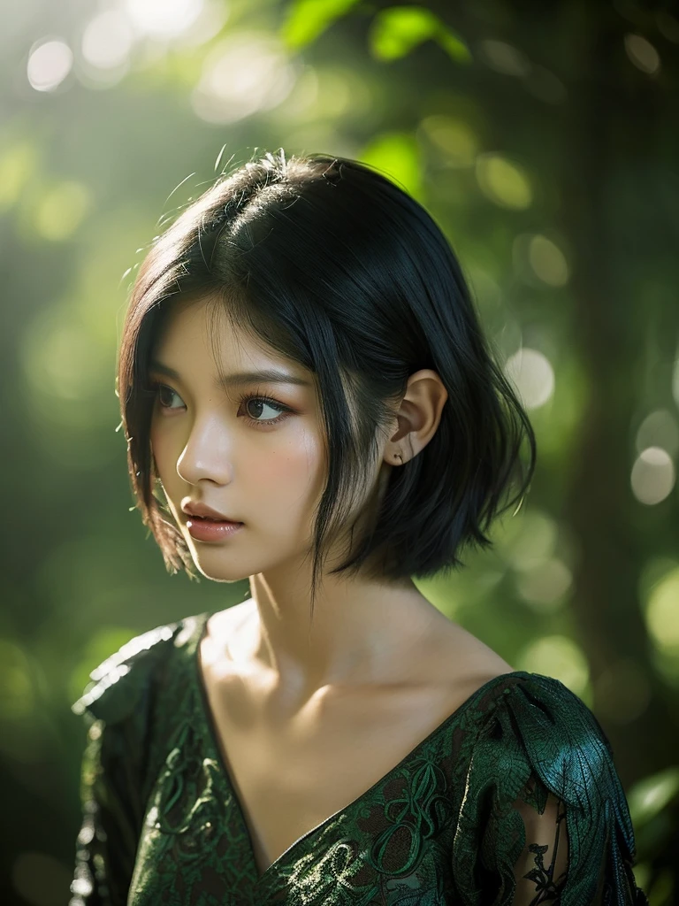 A beautiful raven-haired girl (kim Jennie from blackpink) with short hair, dressed as an, standing in a lush forest with dark colors, (1girl,elf,short hair,raven hair,dark forest,busty,fantasy,detailed face, beautiful detailed eyes,beautiful detailed lips,extremely detailed eyes and face,long eyelashes,elven,nature,lush vegetation,moody lighting,dramatic lighting, rich colors,chiaroscuro,dark fantasy,fantasy portrait,ethereal,mystical)