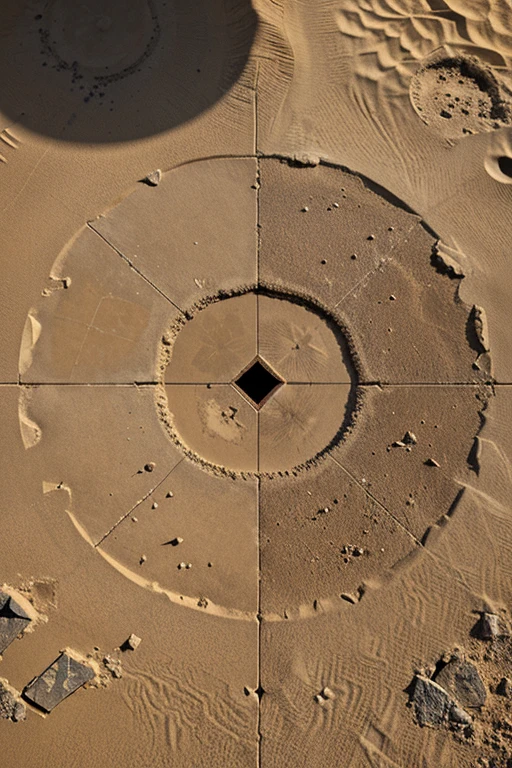 the ruins of a deserted city with no buildings and only tiles, craters and sand seen from above with dimensions of 44 inches by 60 inches