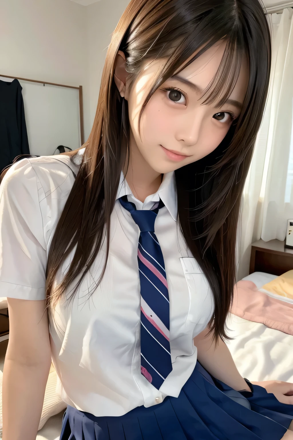 (Cute Japanese Girls), Sexy 18 year old girl, (The cutest faces), Thin chest, Thin thighs, Straight hair, On the bed, (((school uniform))),