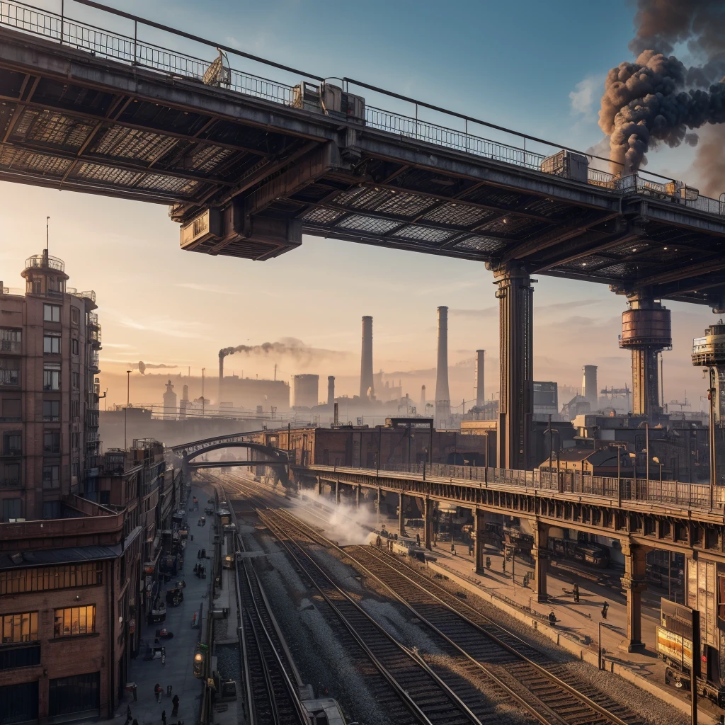 Panoramic image of an industrial steampunk city, in it, pollution, carbon, exolosions, vapor, buildings, bridges, train, zepelin ((high quality)) ((4k)) ((8k)) ((Hyperrealism)) ((masterpiece)) ((perfection))