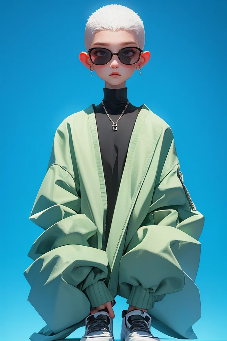 Blind Box,Simple Background, 8k, ，黒いBlind Box,Simple Background,Blind Box,Simple Background，Buzz Cut，White Blonde Hair，balenciaga,High Fashion，All black outfit，sunglasses，squat