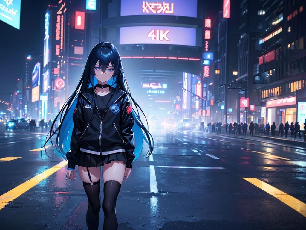 anime, Style, a blue long haired girl, black jacket, black skirt, walking on a futuristc city with neon lights ,(best quality, 4k, 8k, high resolution, obra-prima: 1.2), ultra-detailed, (realista, fotorealista, foto-realista: 1.37) colorido com vibrantes cores, soft lighting