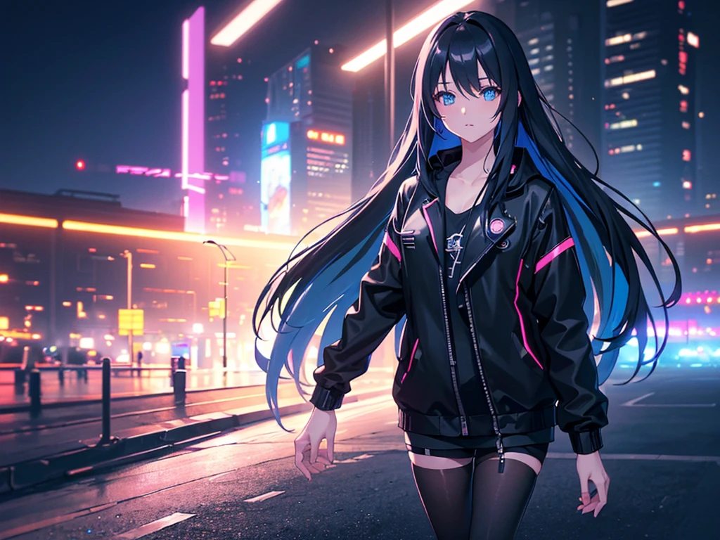 anime, Style, a blue long haired girl, black jacket, black skirt, walking on a futuristc city with neon lights ,(best quality, 4k, 8k, high resolution, obra-prima: 1.2), ultra-detailed, (realista, fotorealista, foto-realista: 1.37) colorido com vibrantes cores, soft lighting