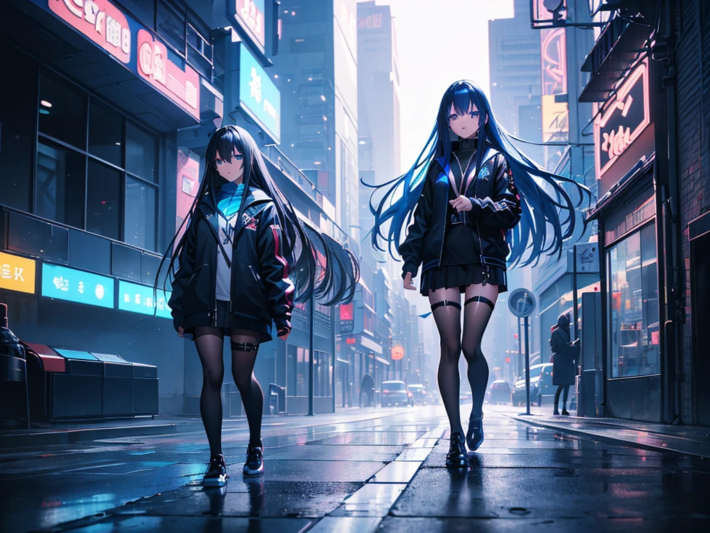 anime, Style, a blue long haired girl, black jacket, black skirt, walking on a futuristc city with neon lights ,(best quality, 4k, 8k, high resolution, obra-prima: 1.2), ultra-detailed, (realista, fotorealista, foto-realista: 1.37) colorido com vibrantes cores, soft lighting
