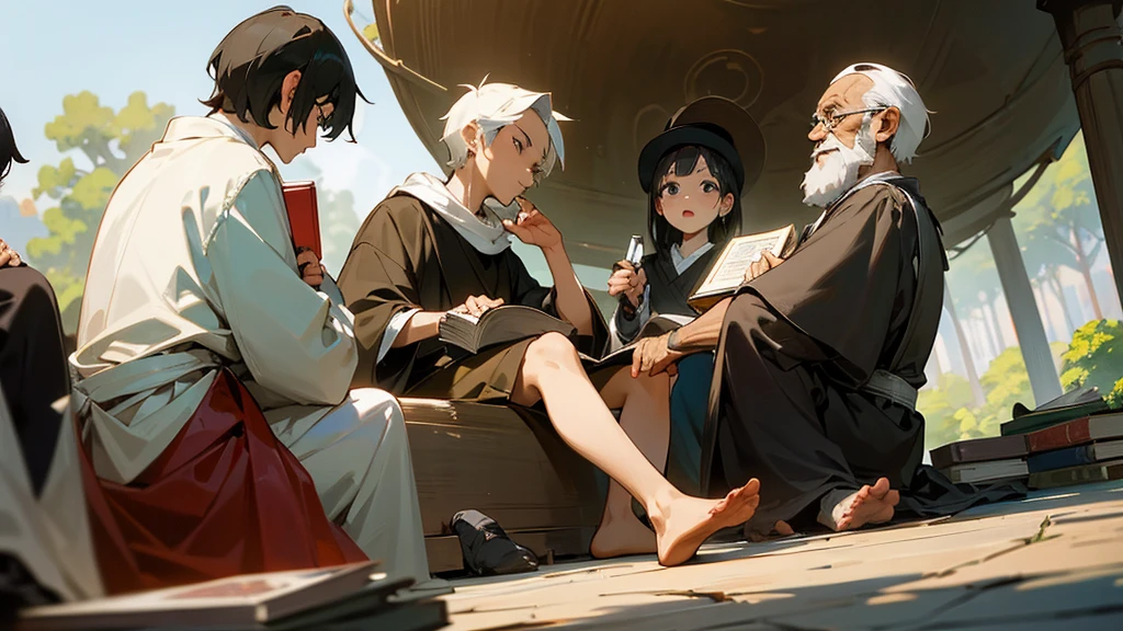 3 boys, one black, one Asian and one white, and 3 girls, one black, one Asian and one white, sitting around the philosopher Diogenes, Holding a book