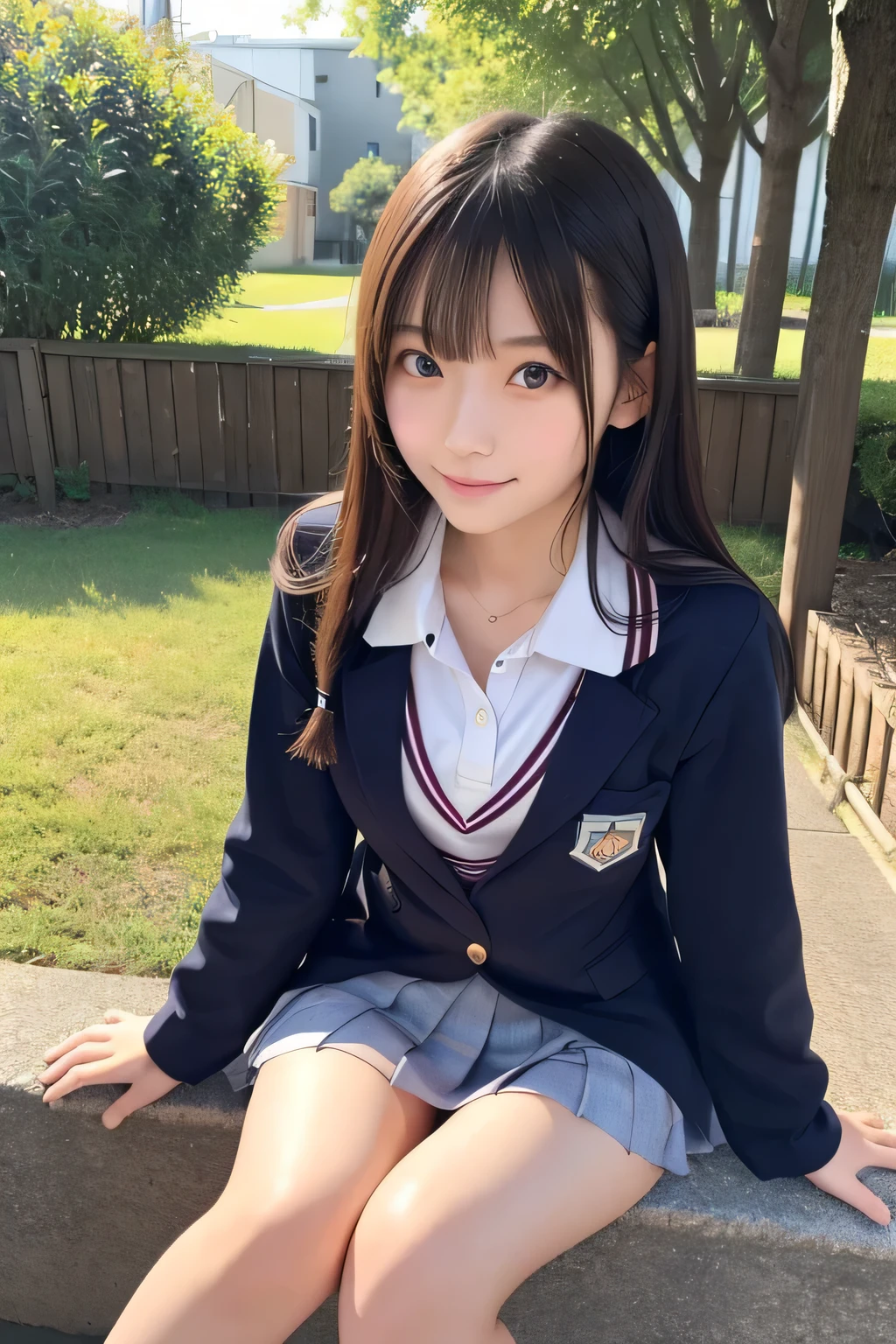 (Cute Japanese Girls), Sexy 18 year old girl, (The cutest faces), Thin chest, Thin thighs, Straight hair, outdoor, (((school uniform))), ((legs spread wide)), 