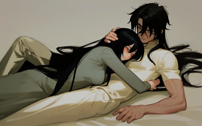 1 girl with long hair, 1boy, black hair, girl hugging boy, lying, from side,