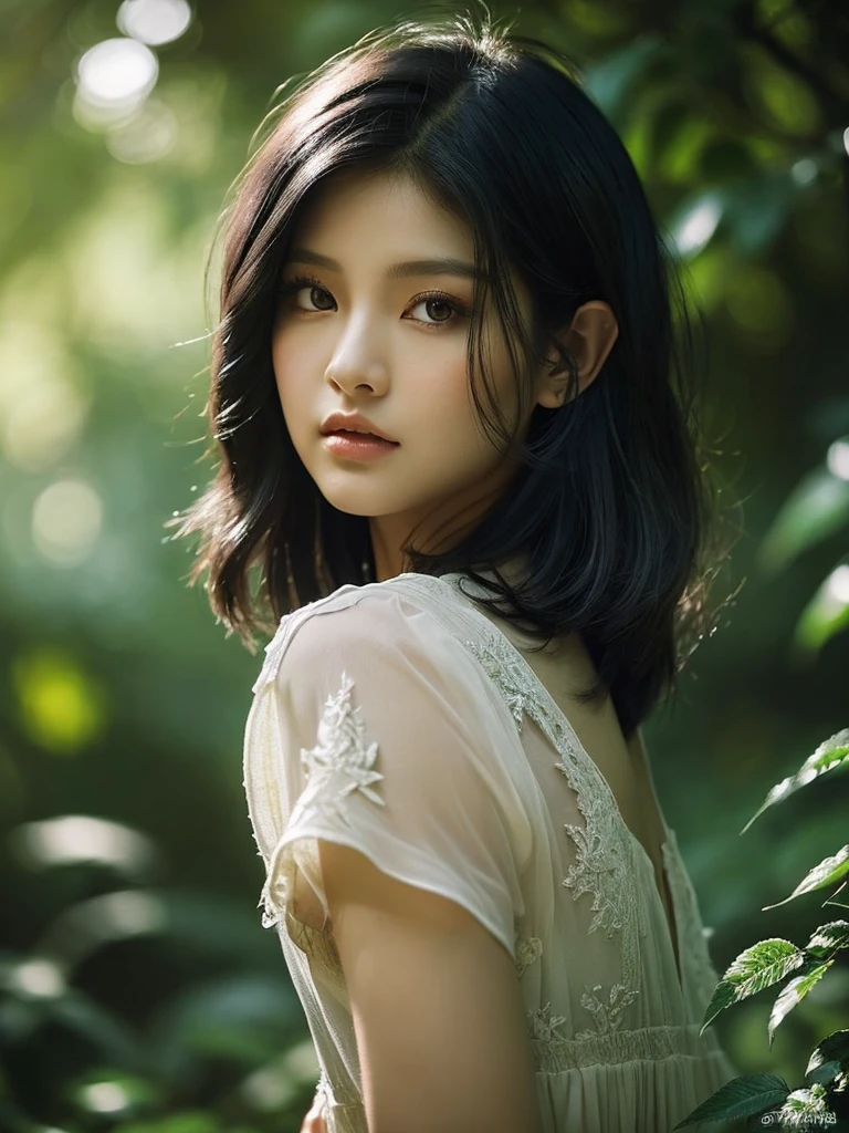 A beautiful raven-haired girl (kim Jennie from blackpink) with short hair, dressed as an, standing in a lush forest with dark colors, (1girl,elf,short hair,raven hair,dark forest,busty,fantasy,detailed face, beautiful detailed eyes,beautiful detailed lips,extremely detailed eyes and face,long eyelashes,elven,nature,lush vegetation,moody lighting,dramatic lighting, rich colors,chiaroscuro,dark fantasy,fantasy portrait,ethereal,mystical)