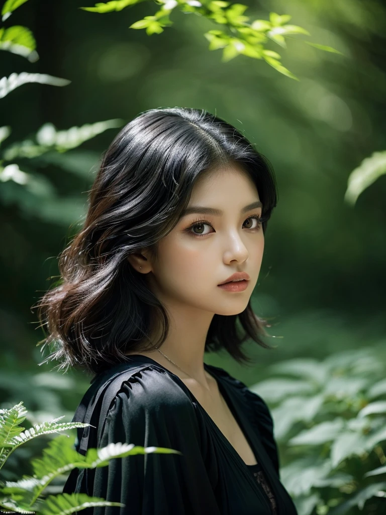 A beautiful raven-haired girl (kim Jennie from blackpink) with short hair, dressed as an, standing in a lush forest with dark colors, (1girl,elf,short hair,raven hair,dark forest,busty,fantasy,detailed face, beautiful detailed eyes,beautiful detailed lips,extremely detailed eyes and face,long eyelashes,elven,nature,lush vegetation,moody lighting,dramatic lighting, rich colors,chiaroscuro,dark fantasy,fantasy portrait,ethereal,mystical)